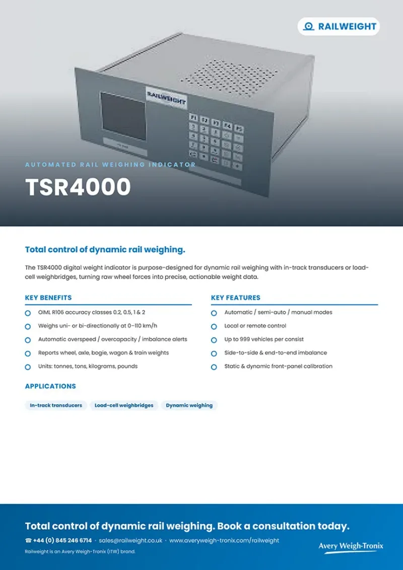 Railweight TSR4000 Automated Rail Weighing Indicator Flyer