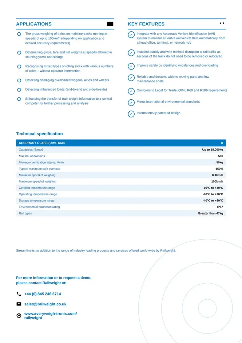 Railweight Streamline Train Weighing Transducer Specification Sheet
