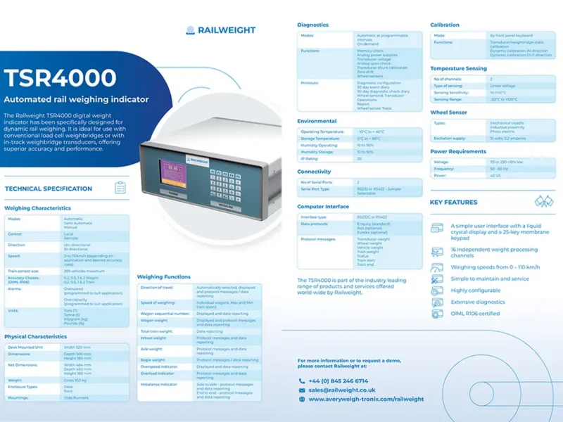 Railweight TSR4000 Rail Weight Indicator Spec sheet