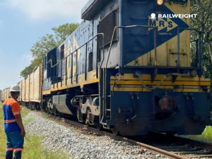 A train being weighed in motion using Railweight in-motion train weighing system